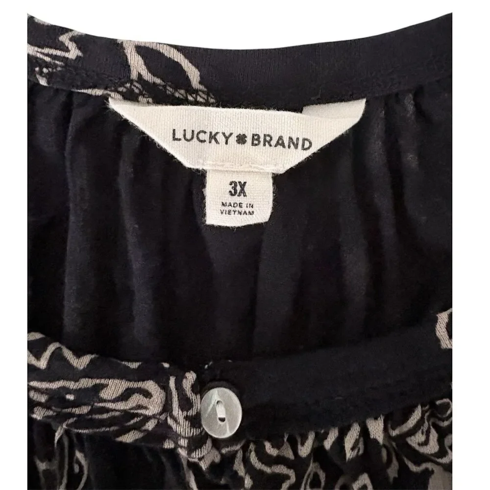 Lucky Brand 3X Black + Tan Damask Floral Peasant Blouse 3/4 Sleeve 100% Viscose